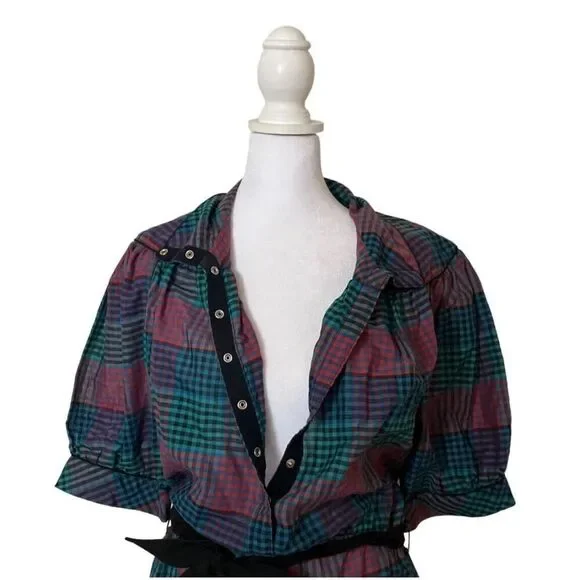 Millicent California Vintage Plaid Womens Puff Short Sleeve Belted Dress US 14 - Picture 6 of 8